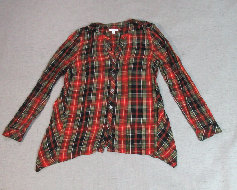 J JILL Top Womens Size Small Red Plaid Button Down Shirt Tunic Cabincore Country